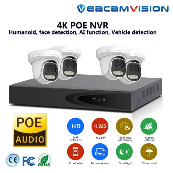 4MP CCTV Kits 4K Waterproof Poe NVR Kit DVR NVR Poe WiFi 4G with Full Color Dome and Bullet Cameras