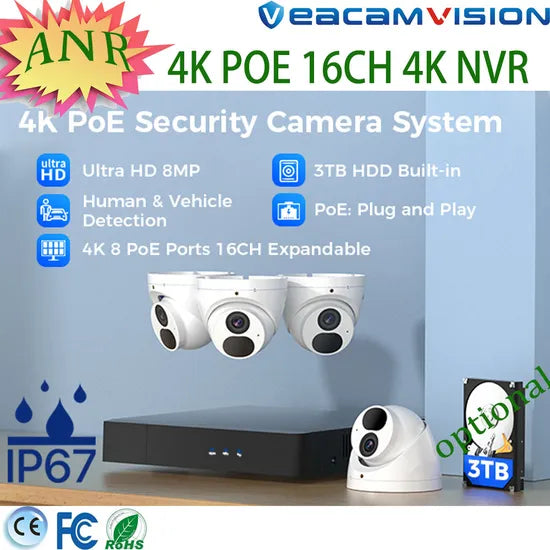 Metallic 4K Dome Camera NVR Kits Anr IP67 Metal 120dB WDR Poe Mic Camera Recorder DVR WiFi 4G CCTV Kit with WiFi and 4G Connectivity Video Conference Camera