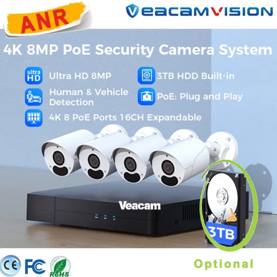 Waterproof WiFi Video Surveillance Kit with Two Way Audio Anr 4K 8MP IP67 Metal 120dB WDR Built-in Poe Mic CCTV