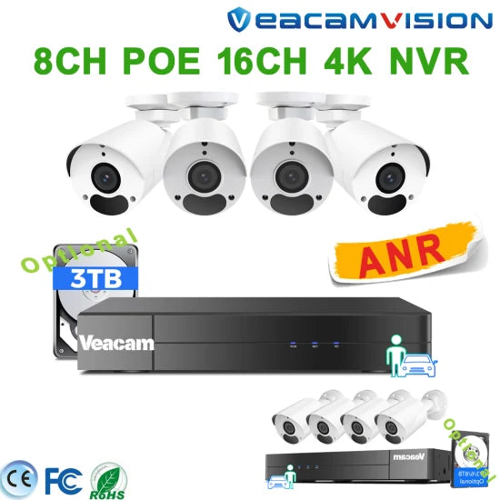 4K 4MP Poe Security Camera System Outdoor with 4MP Camera Kit Anr 4K 8MP IP67 Metal 120dB WDR Built-in Poe Mic 4CH Poe 16CH 4K NVR Poe Security Camera