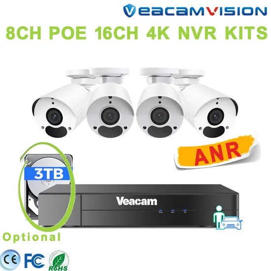 Anr 4K 8MP IP67 Metal 120dB WDR Built-in Poe Mic Poe Outdoor 4MP CCTV NVR Kit with Ai Video Surveillance