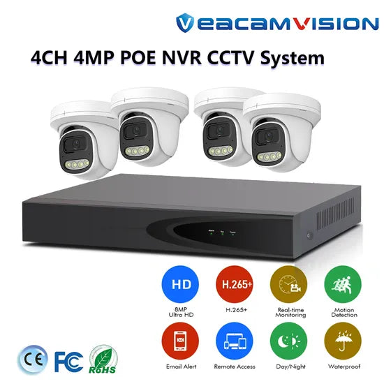 IP66 Waterproof CCTV Camera Kit 4CH 4.0MP 24h Full Color Night Vision IP Camera Kit Set 4MP HD Outdoor Waterproof Street Luminous Monitor Security System