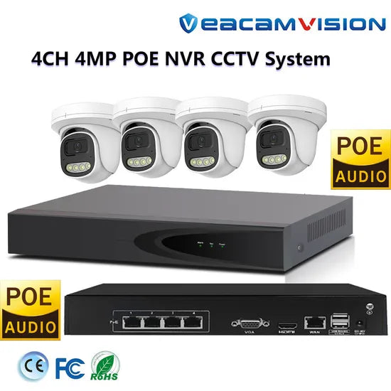 Outdoor CCTV Camera Package Kit DVR NVR Poe WiFi 4G Home CCTV System with Full Color 4MP Dome and Bullet Cameras