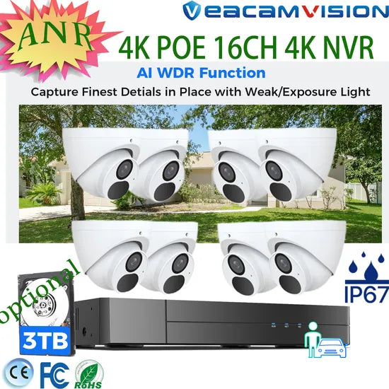 Waterproof Security Camera Kit with 16CH NVR and Two Way Audio NVR Kits Anr IP67 120dB WDR Poe Mic Camera Recorder DVR WiFi 4G CCTV