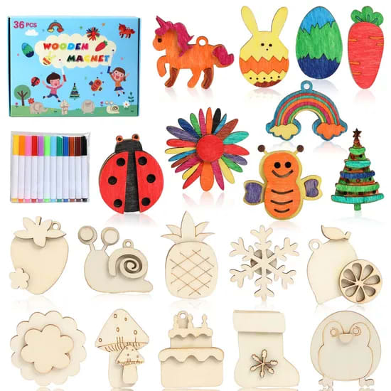 36 PCS DIY Wooden Magnets Art Craft Supplies Painting Kit for Kids Party Favors for Boys Girls Birthday Easter Crafts Gifts Toys